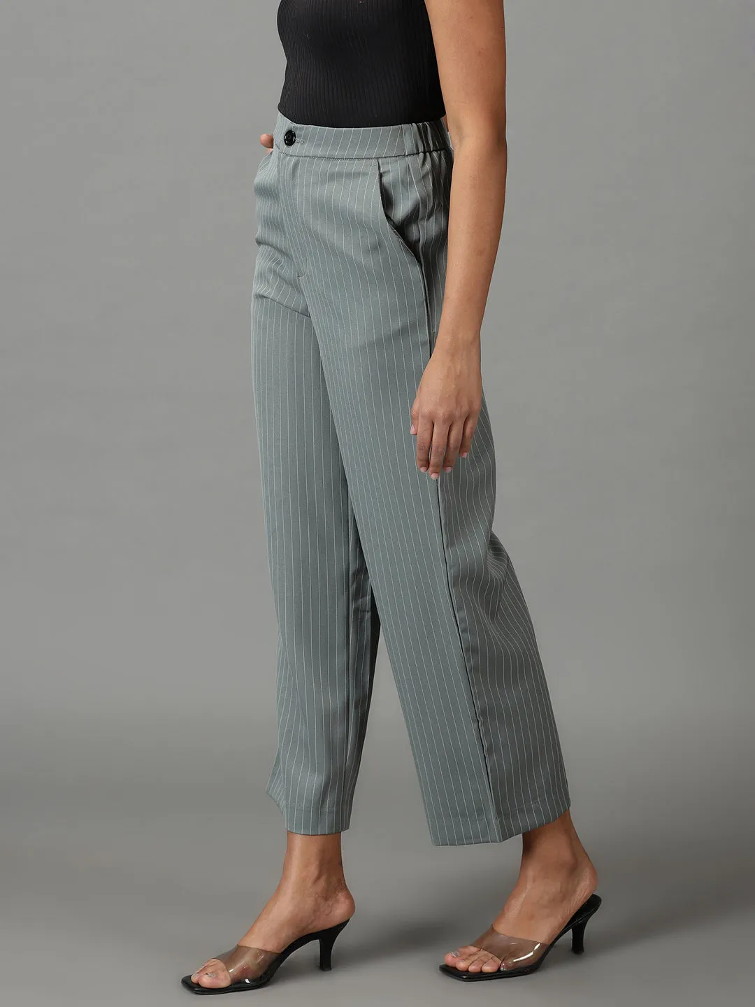 Women Olive Striped Relaxed Straight Fit Trousers