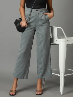 Women Olive Striped Relaxed Straight Fit Trousers