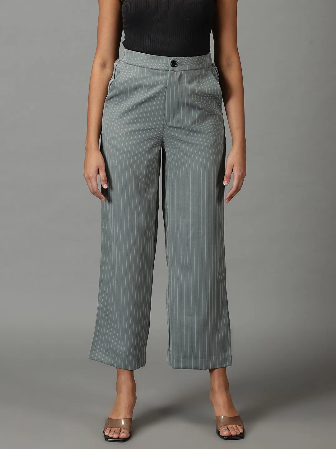 Women Olive Striped Relaxed Straight Fit Trousers