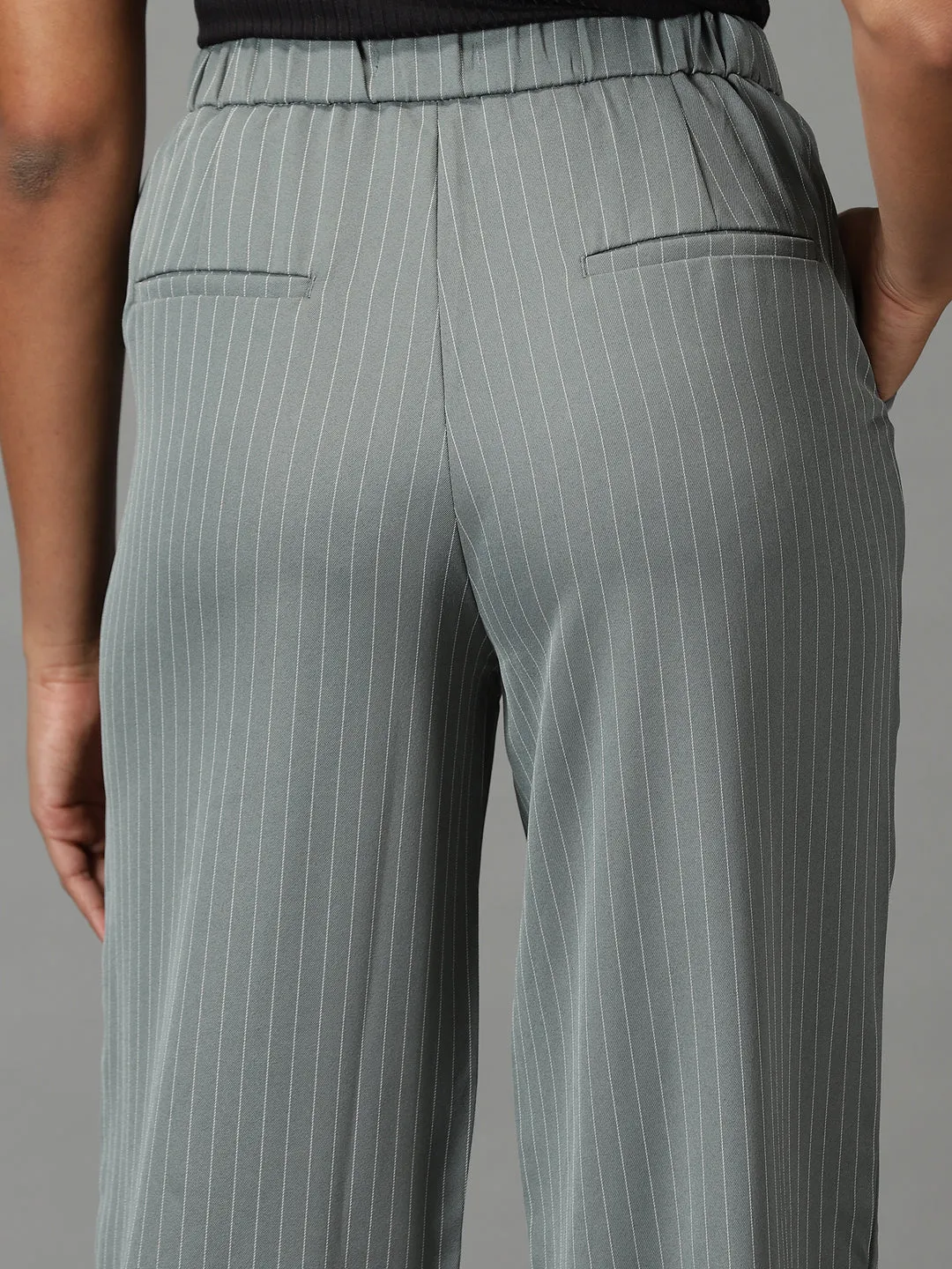Women Olive Striped Relaxed Straight Fit Trousers