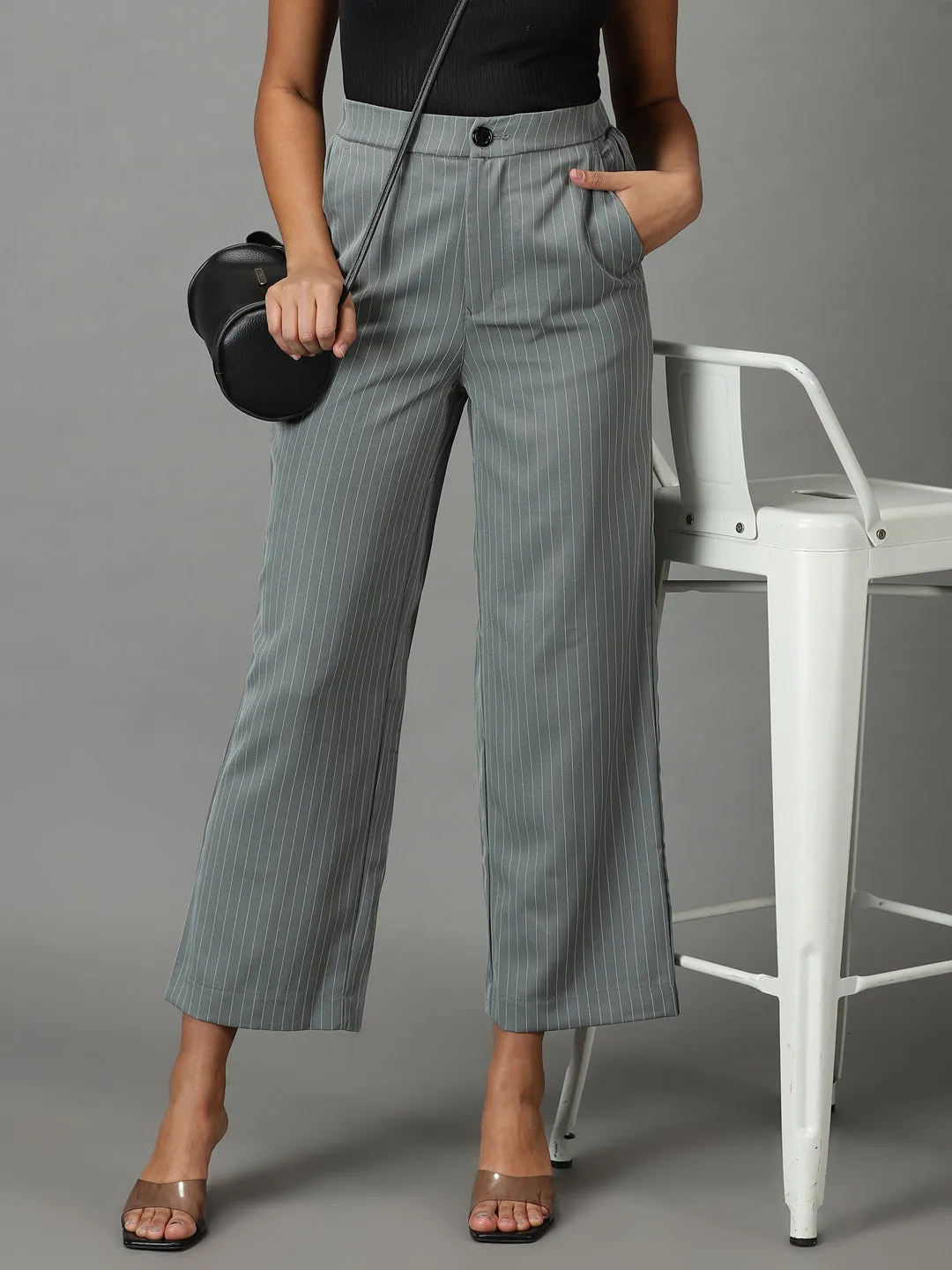 Women Olive Striped Relaxed Straight Fit Trousers