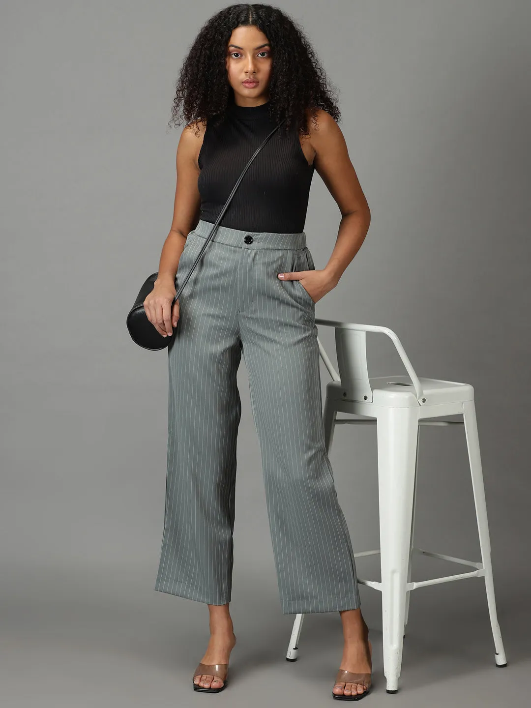 Women Olive Striped Relaxed Straight Fit Trousers