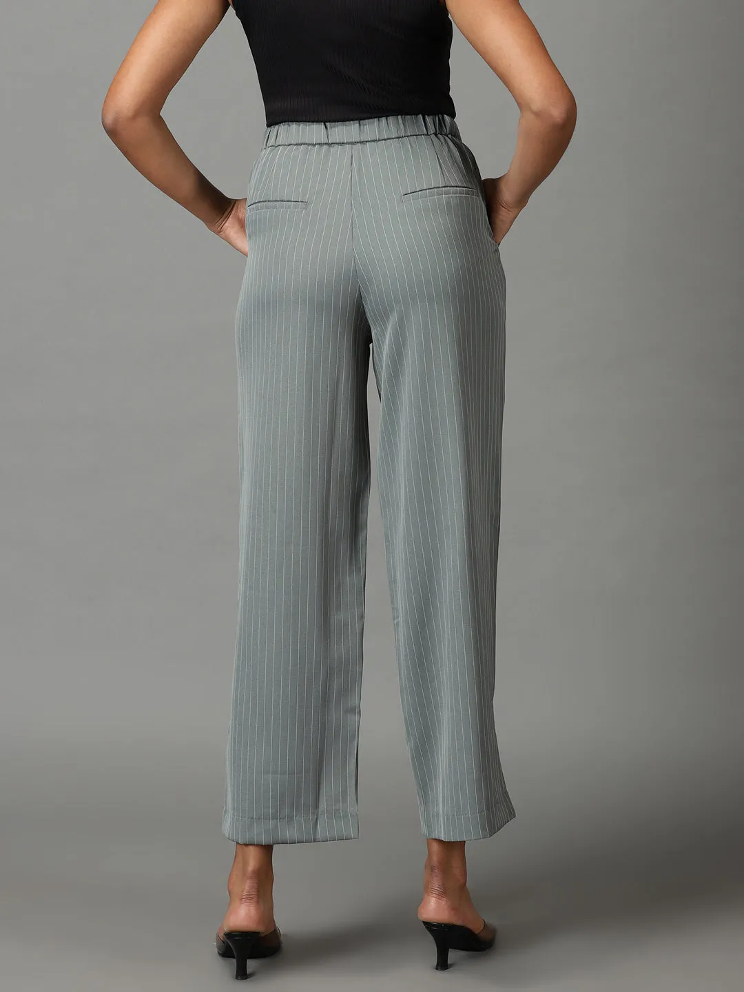 Women Olive Striped Relaxed Straight Fit Trousers