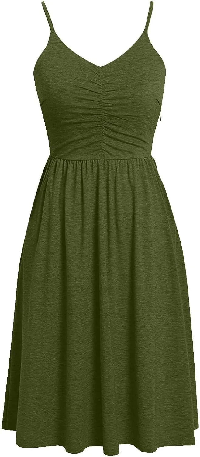Women Pleated Dress V Neck Sleeveless Midi Dress Strappy Solid Dress Regular Fitted Summer Daily Dress