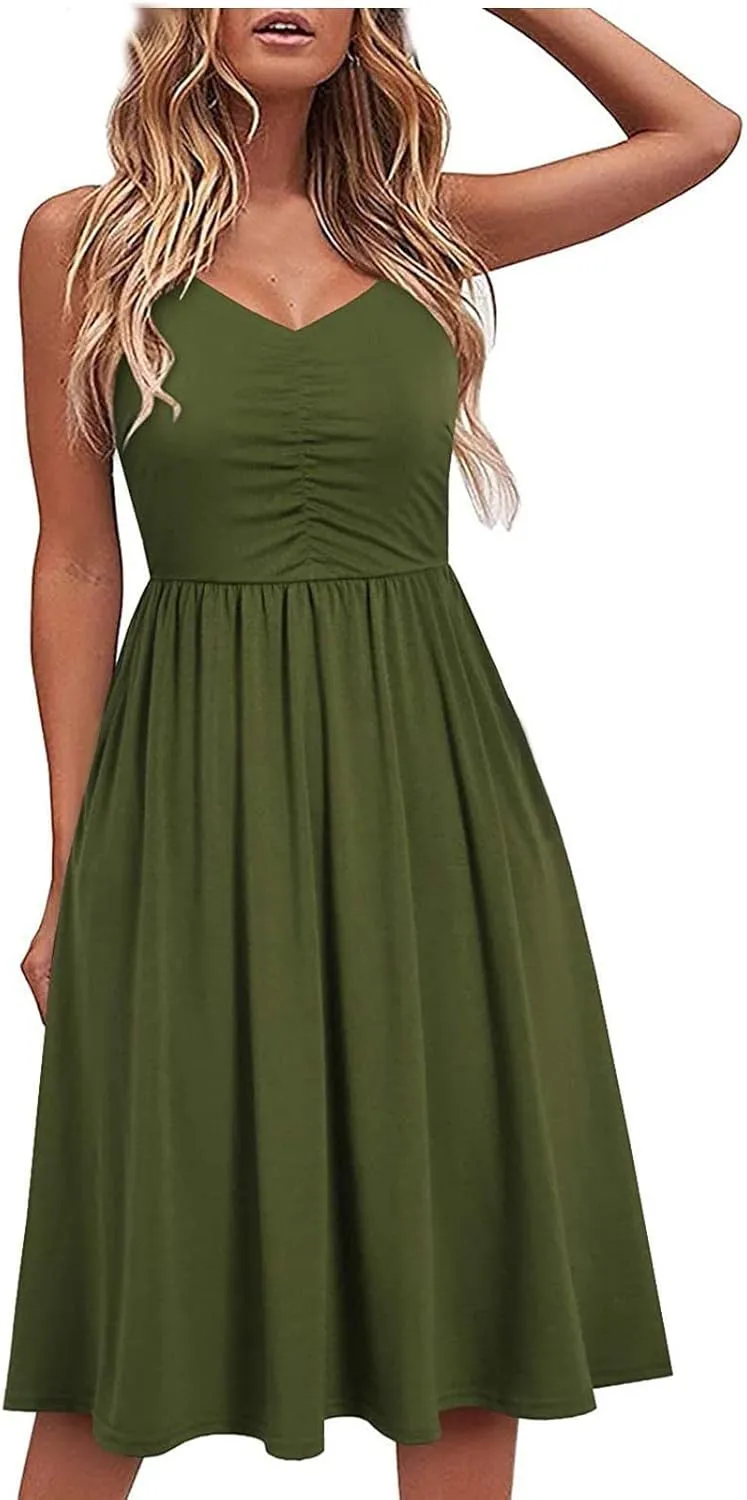 Women Pleated Dress V Neck Sleeveless Midi Dress Strappy Solid Dress Regular Fitted Summer Daily Dress