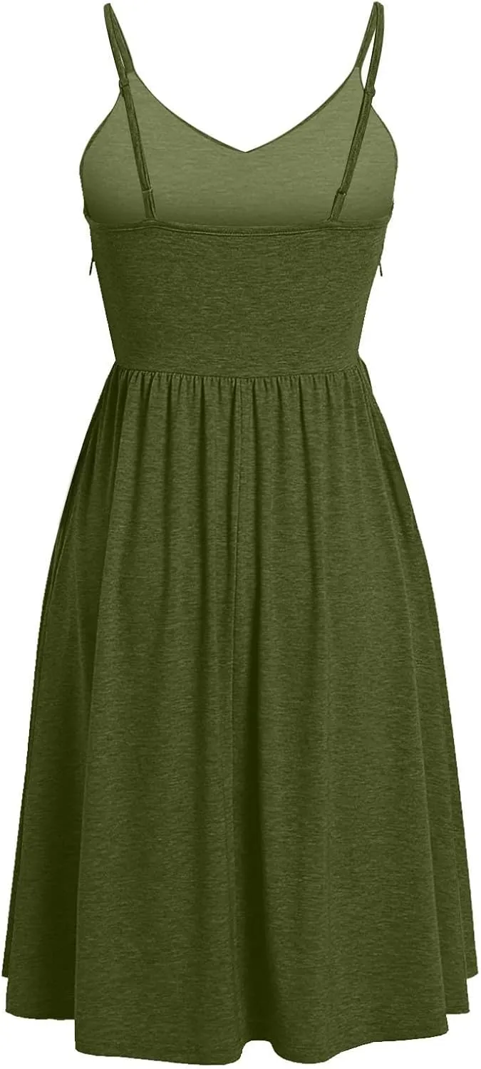 Women Pleated Dress V Neck Sleeveless Midi Dress Strappy Solid Dress Regular Fitted Summer Daily Dress