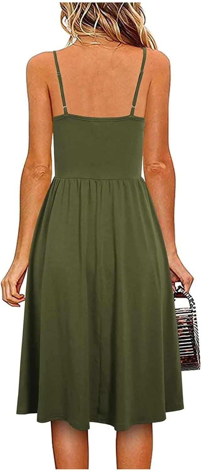 Women Pleated Dress V Neck Sleeveless Midi Dress Strappy Solid Dress Regular Fitted Summer Daily Dress