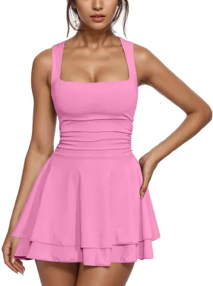Women Summer Mini Dress 2025 Fashion Square Neck Pleated Mini Dresses Casual Fashion Elegant Sexy Ruffle Party Dress
