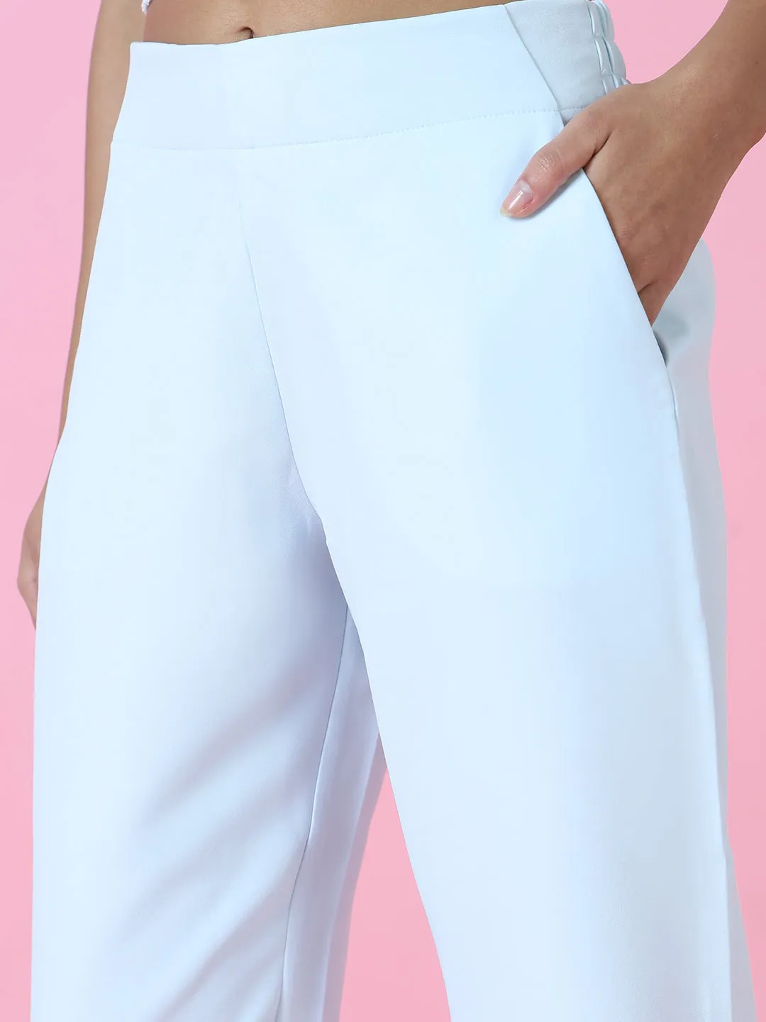 Women Turquoise Blue Regular Fit Cotton Comfort Casual Trousers