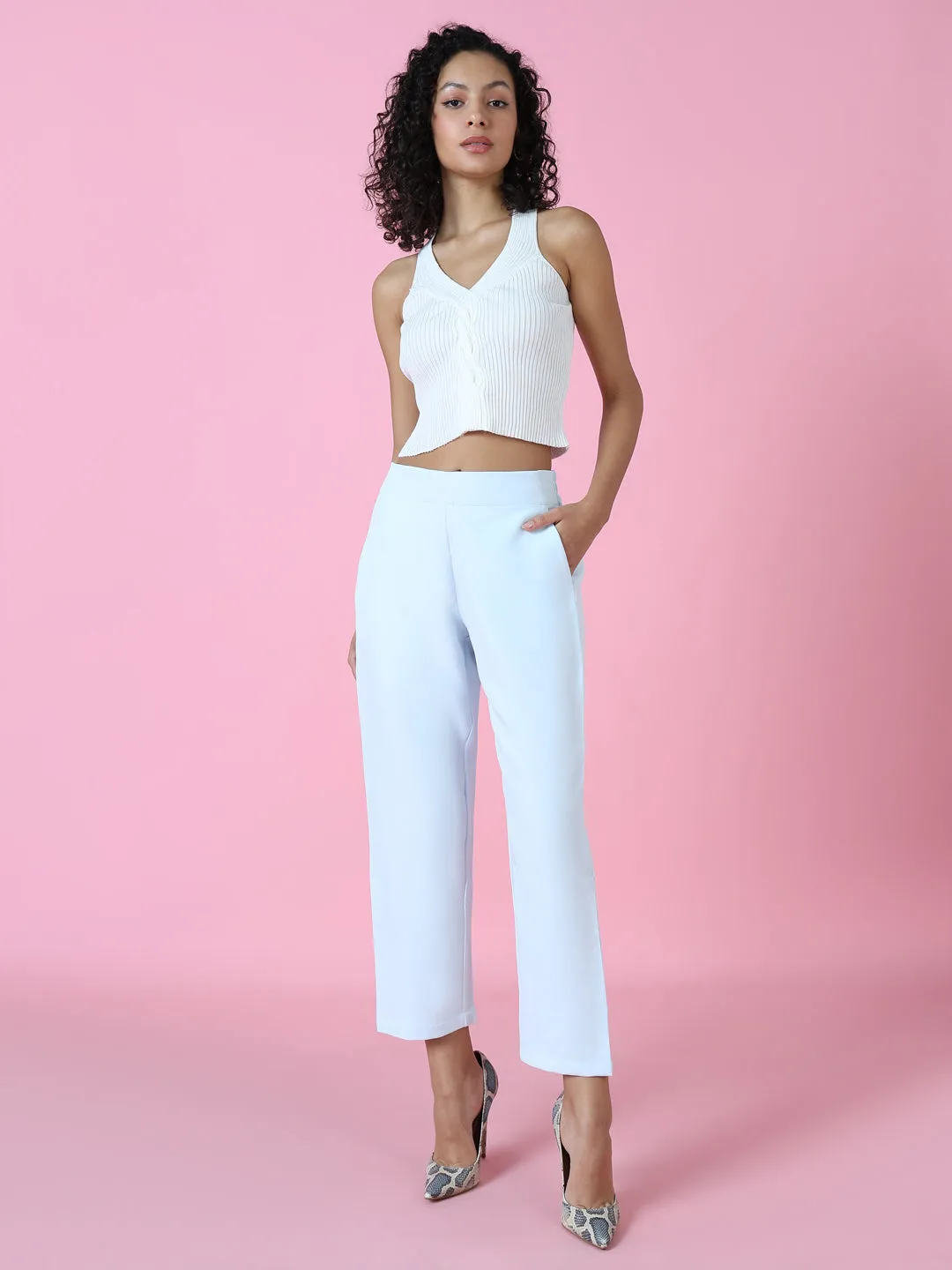 Women Turquoise Blue Regular Fit Cotton Comfort Casual Trousers