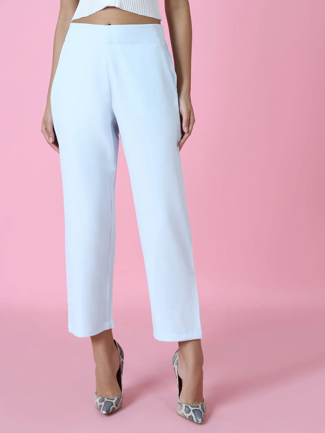 Women Turquoise Blue Regular Fit Cotton Comfort Casual Trousers