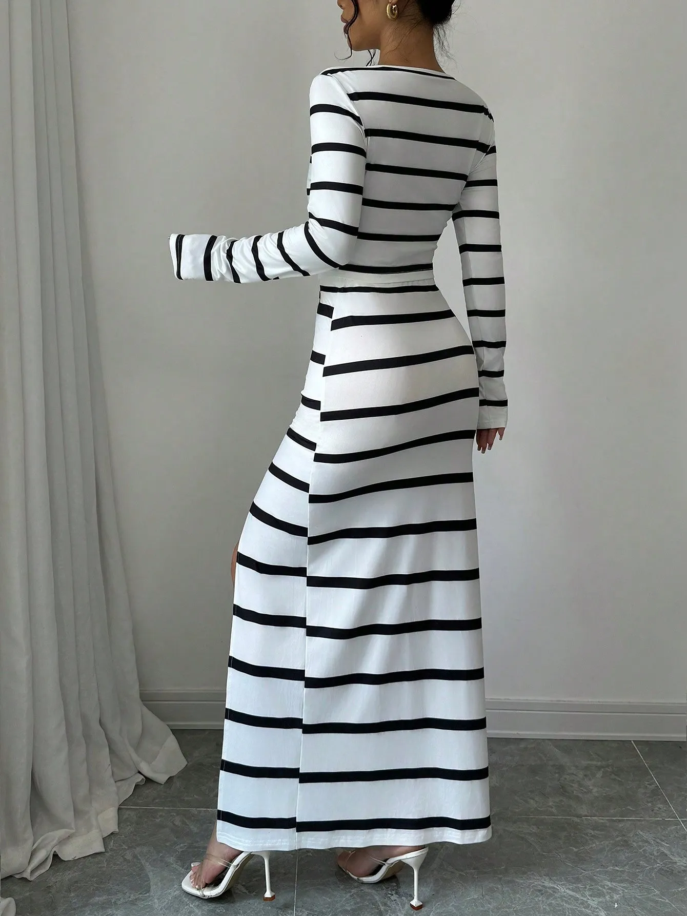 Women's Black & White Striped Casual Fitted Long Sleeve Top And Slit Pencil Skirt 2 Piece Set