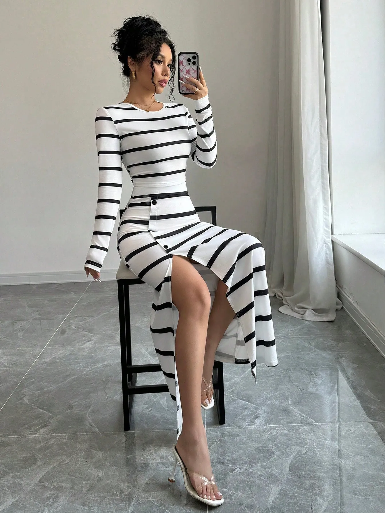 Women's Black & White Striped Casual Fitted Long Sleeve Top And Slit Pencil Skirt 2 Piece Set