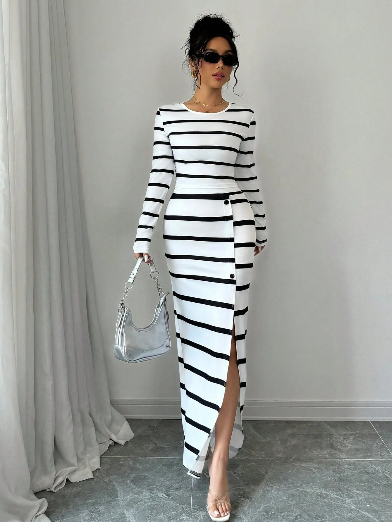 Women's Black & White Striped Casual Fitted Long Sleeve Top And Slit Pencil Skirt 2 Piece Set