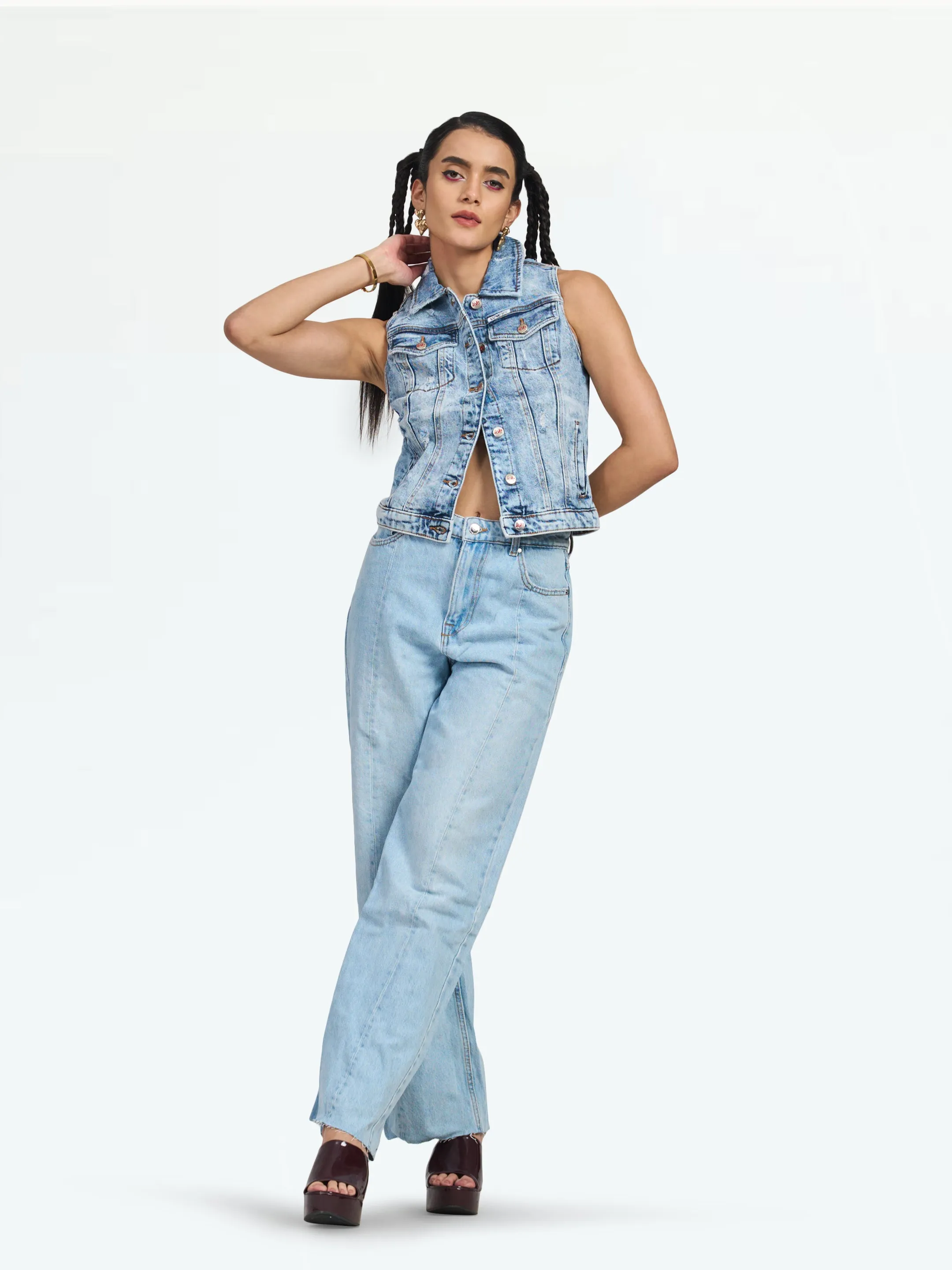 Women's Blue Embellished Denim Vest