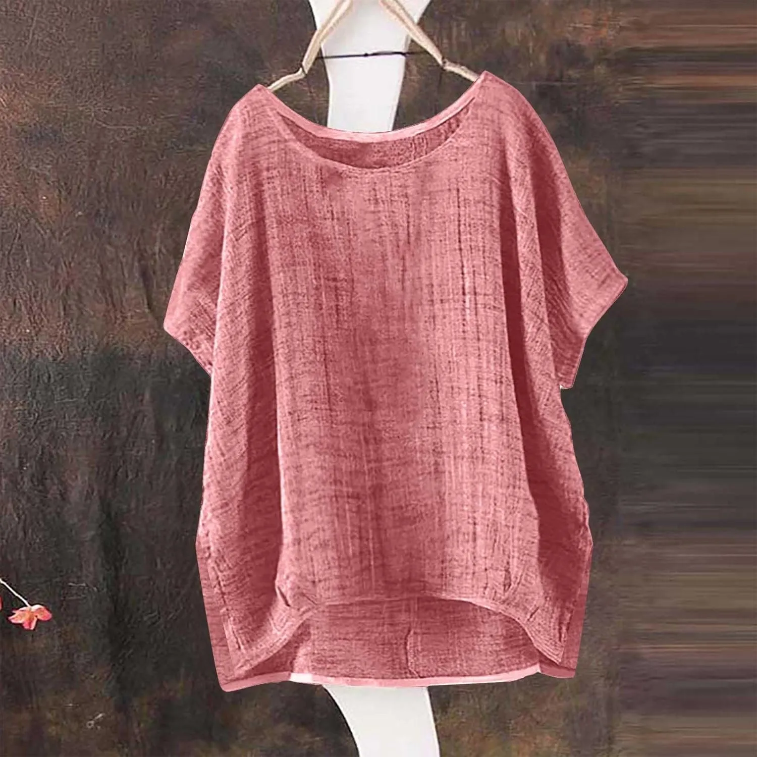 Womens Casual Cotton Linen Shirts Short Sleeve Beach Summer T-Shirts Loose Solid Crewneck Vacation Travel Blouse Tops