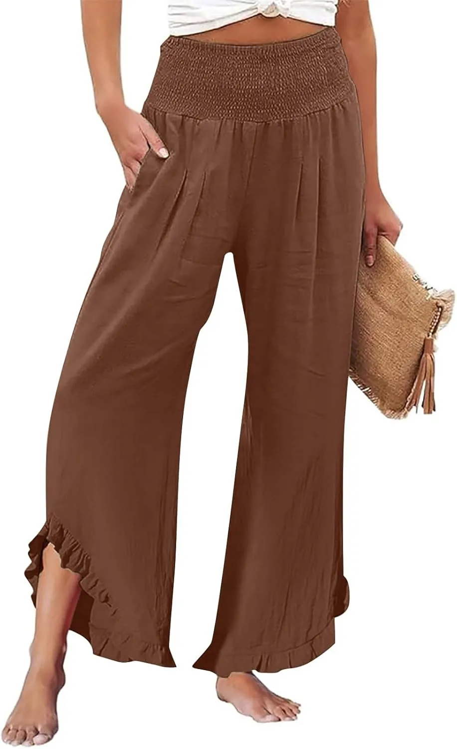 Women's Linen Pants Summer Wide Leg Smocked Waist Ruffle Hem Palazzo Pants Boho Flowy Beach Pants with Pockets