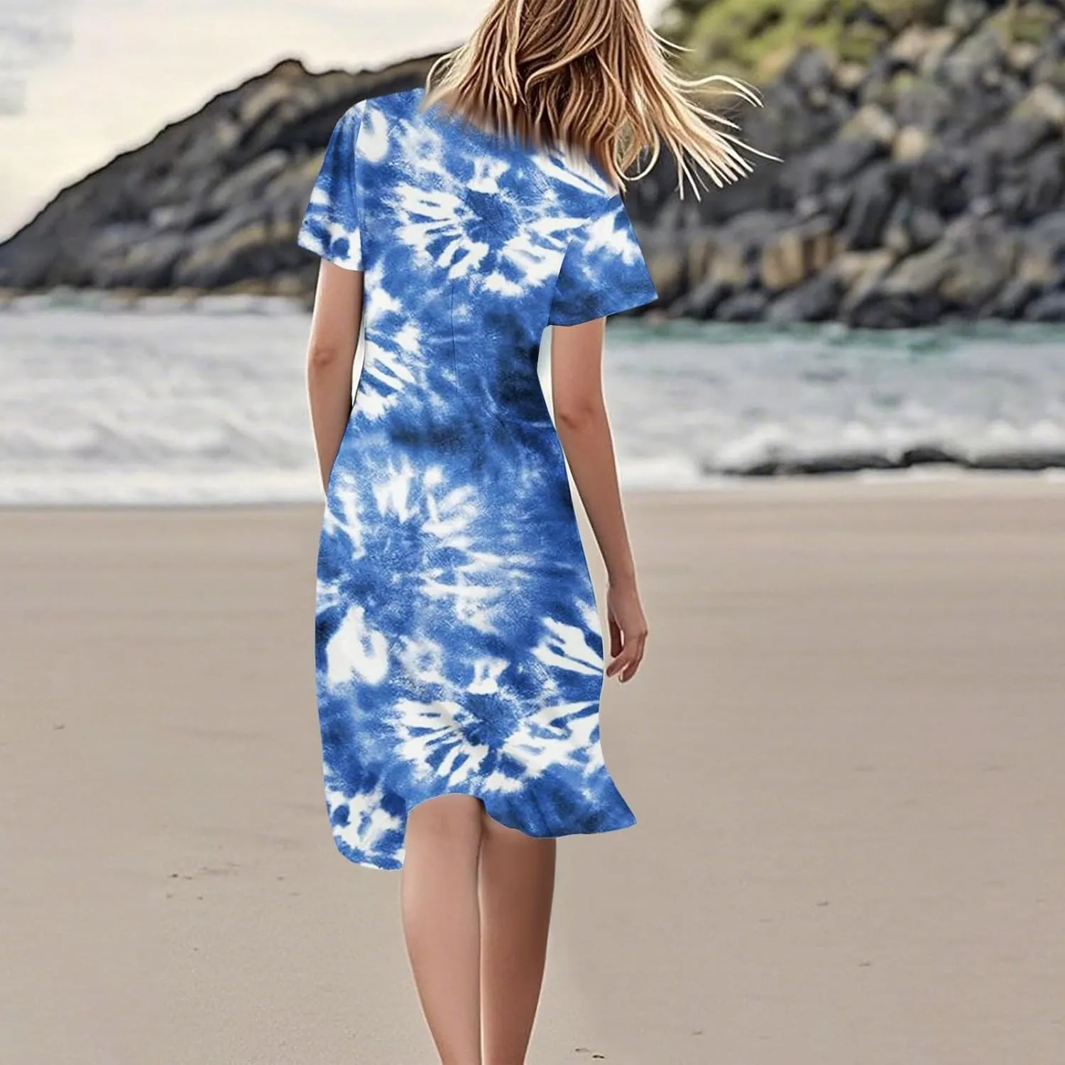 Women's Summer Dresses 2025 Short Sleeve Casual Midi Dresses V-Neck Floral Beach Vacation Party Dress