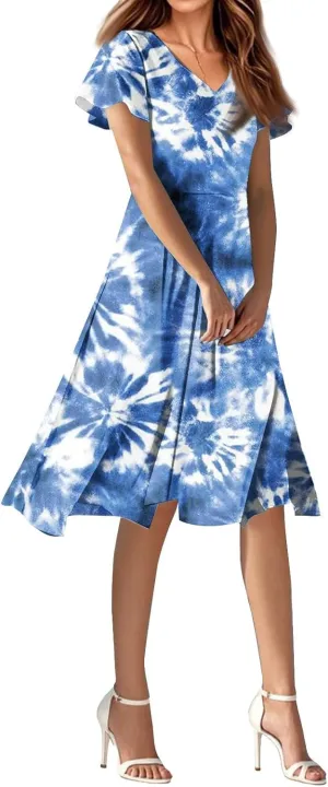 Women's Summer Dresses 2025 Short Sleeve Casual Midi Dresses V-Neck Floral Beach Vacation Party Dress